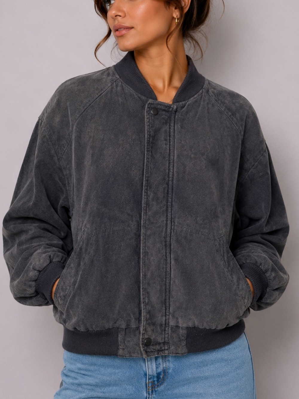 Vintage R&R Leather Jacket Washed Charcoal Bomber Jacket Grandmacore 90s Jacket